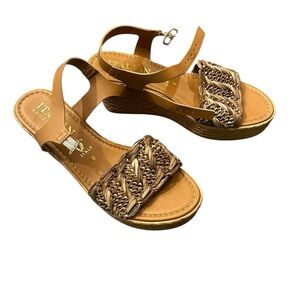 Italian Shoemakers Adalee Wedge Tan and Brown Woven Raffia Sandals